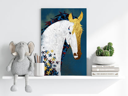 Gold Mane White Horse on Teal Blue Aluminum Print