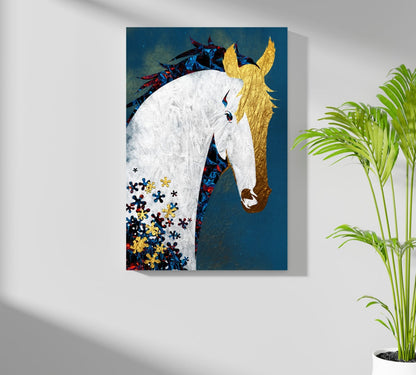 Gold Mane White Horse on Teal Blue Aluminum Print