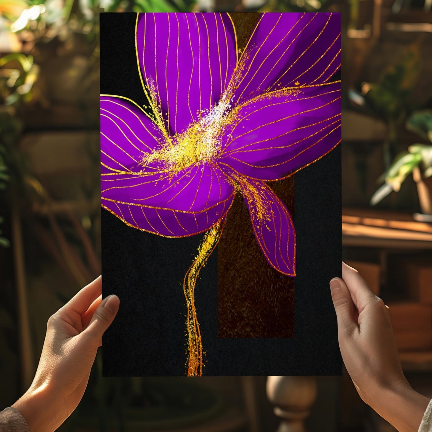 Purple Gold Glitter Burst Flower Aluminum Print