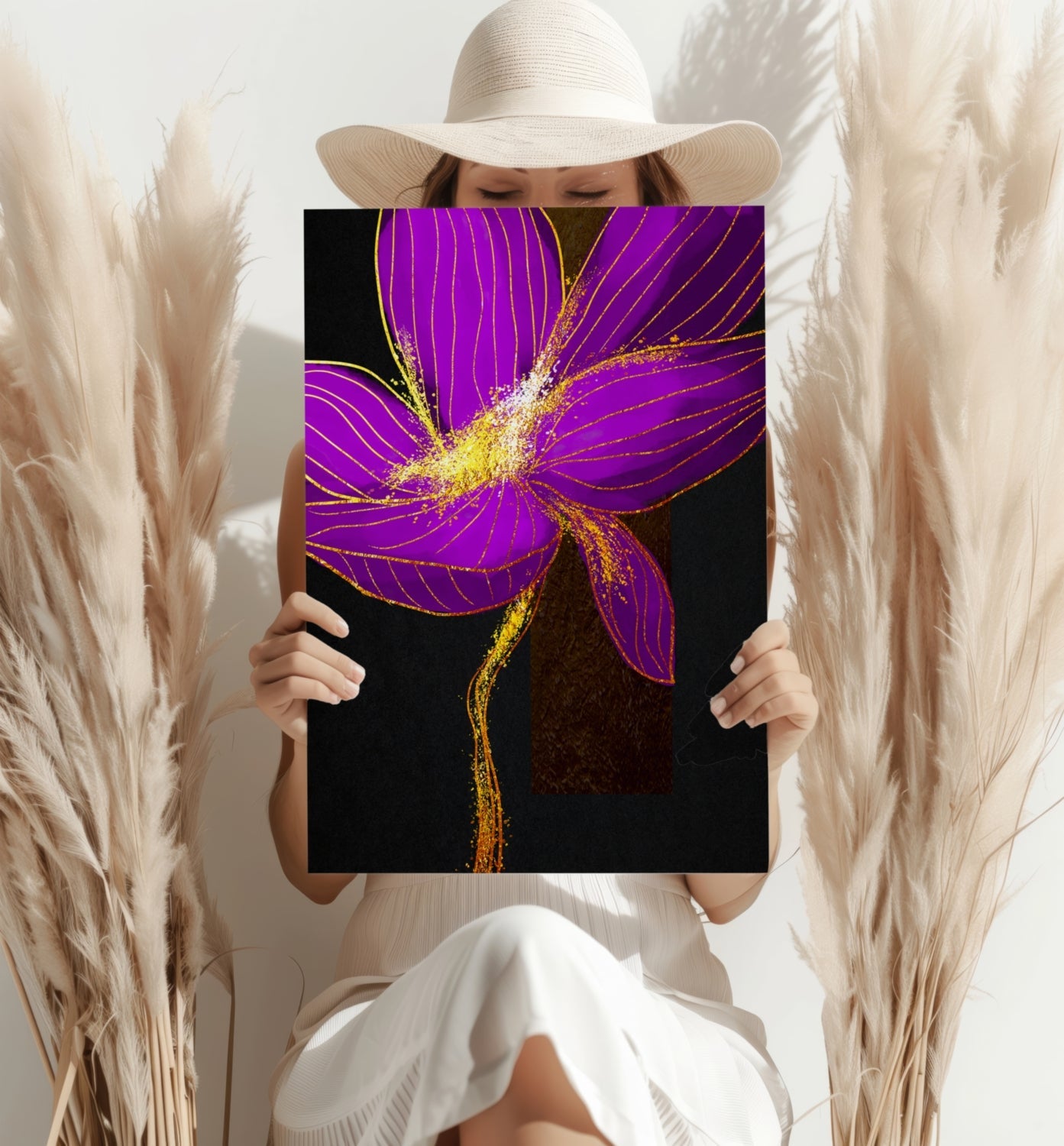 Purple Gold Glitter Burst Flower Aluminum Print