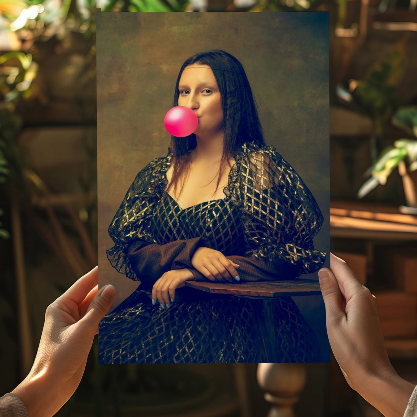 Mona Lisa Pink Bubblegum Gold Gown Lady Portrait Aluminum Print