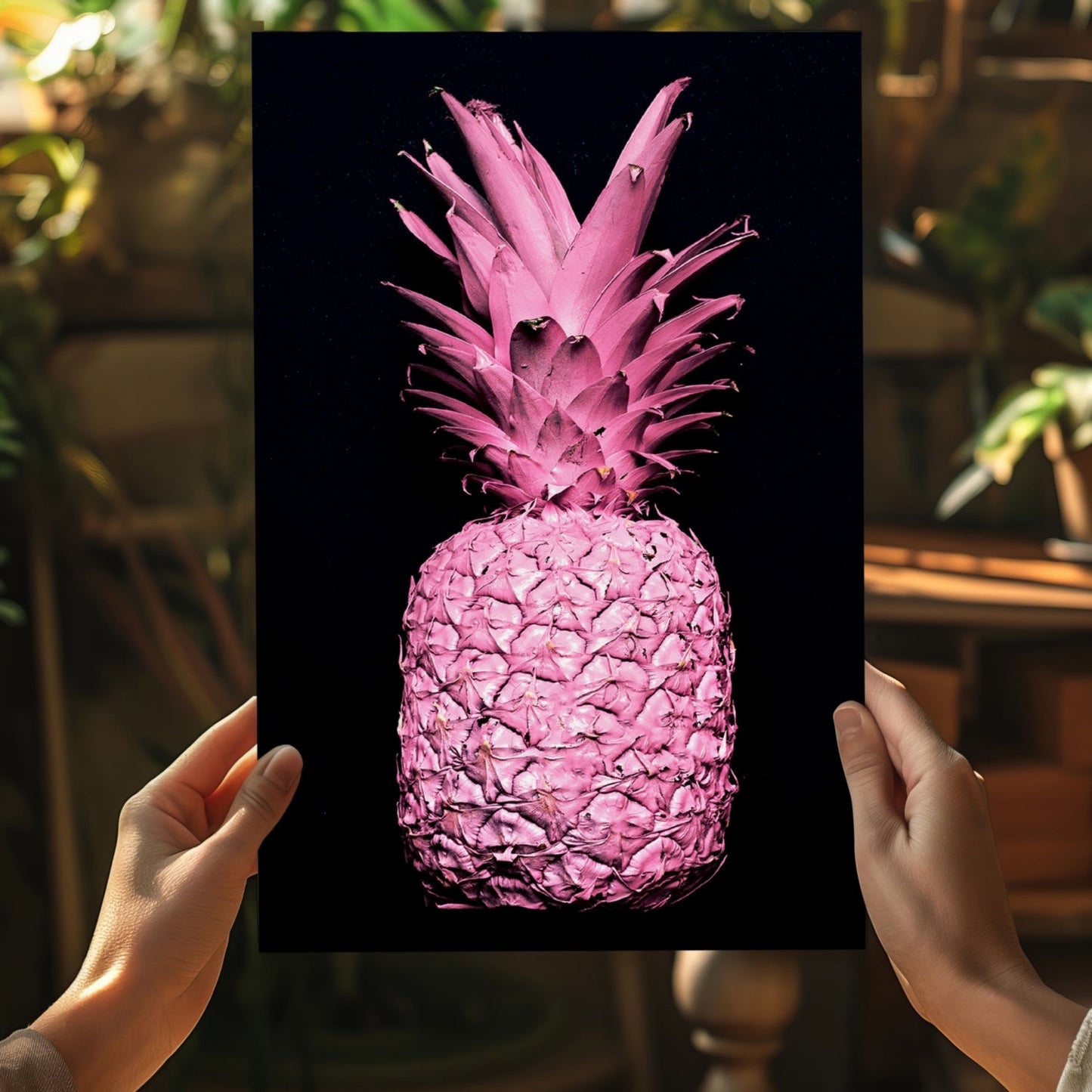Hot Pink Painted Pineapple Black Aluminum Print