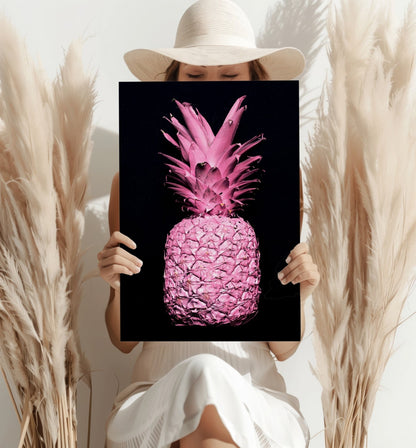 Hot Pink Painted Pineapple Black Aluminum Print