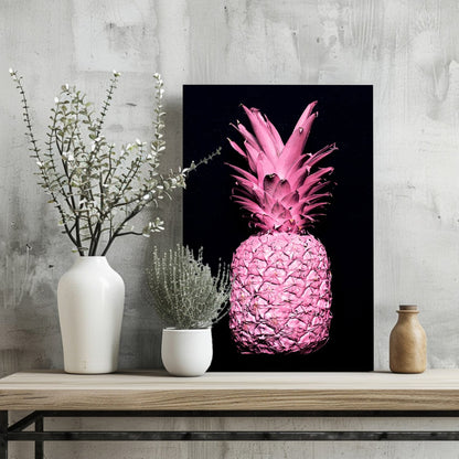 Hot Pink Painted Pineapple Black Aluminum Print