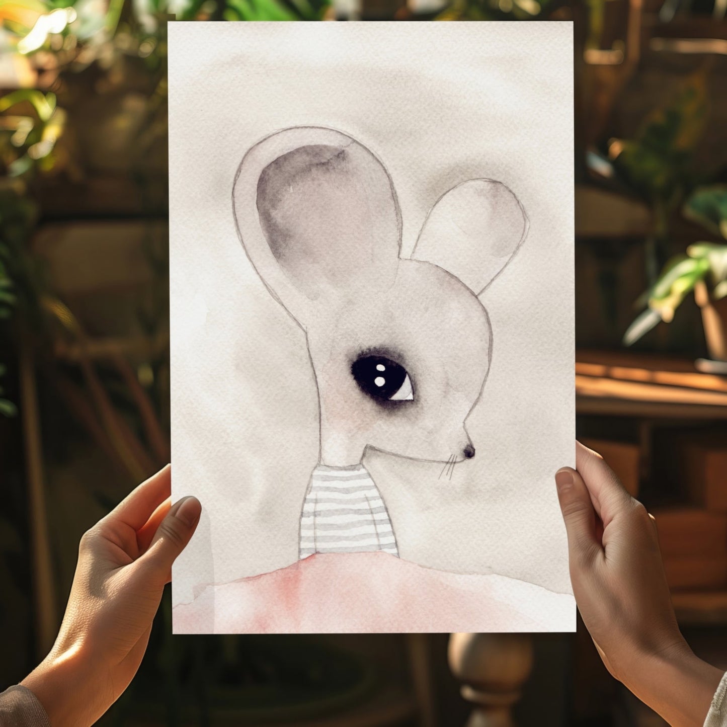 Watercolor Big Ear Mouse Striped Top Aluminum Print