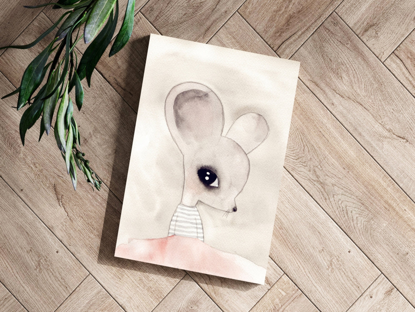 Watercolor Big Ear Mouse Striped Top Aluminum Print
