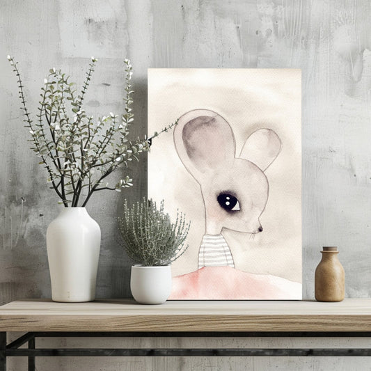 Watercolor Big Ear Mouse Striped Top Aluminum Print
