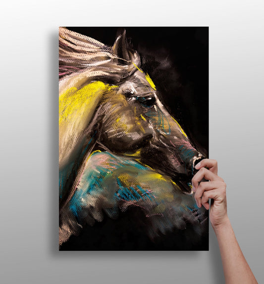 Yellow Pastel Chalk Horse on Black Aluminum Print