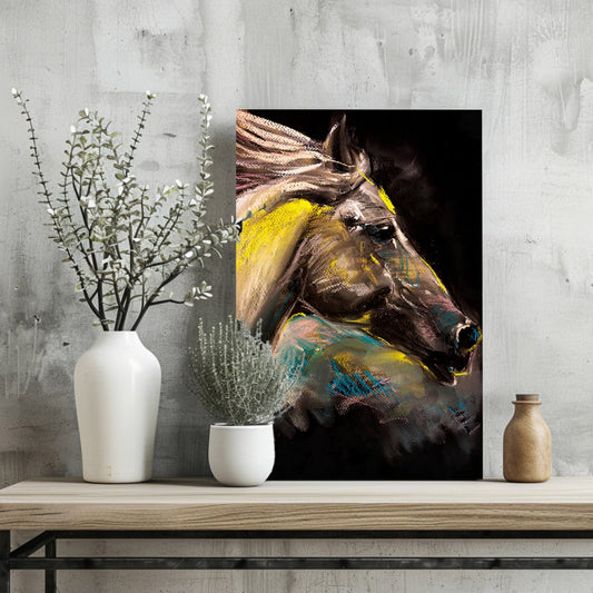 Yellow Pastel Chalk Horse on Black Aluminum Print