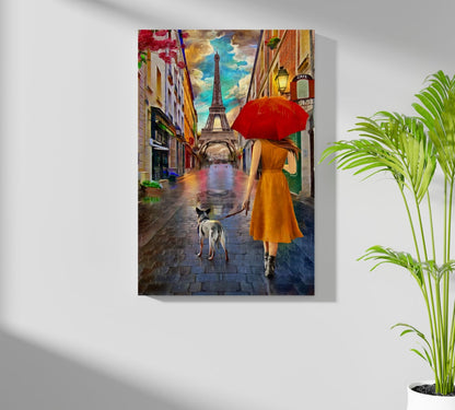 Red Umbrella Woman Walking Dog Paris Aluminum Print