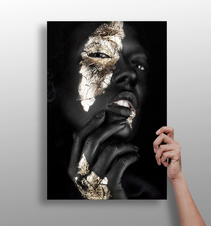 Gold Foil Cheek Pensive Woman Aluminum Print