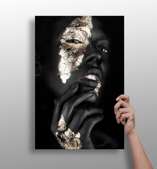 Gold Foil Cheek Pensive Woman Aluminum Print