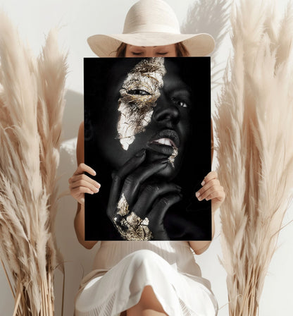 Gold Foil Cheek Pensive Woman Aluminum Print