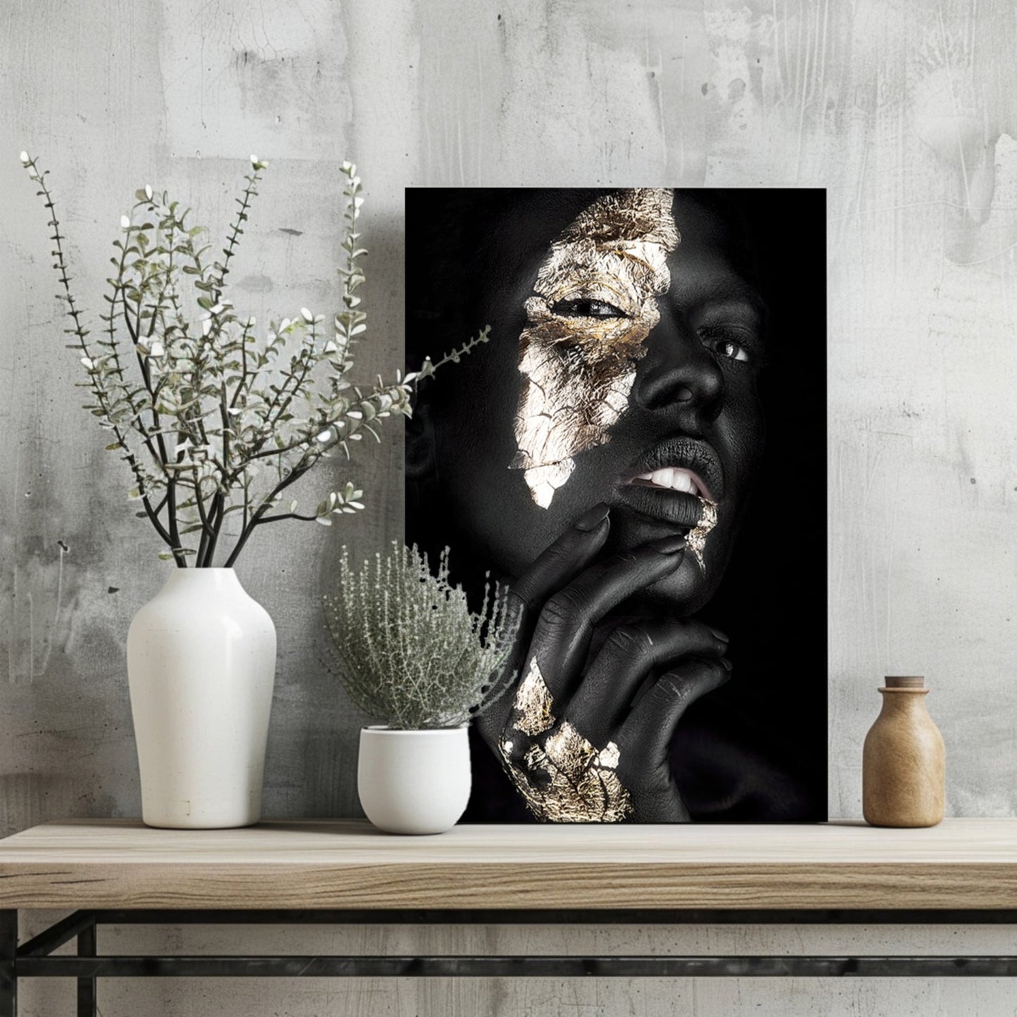 Gold Foil Cheek Pensive Woman Aluminum Print