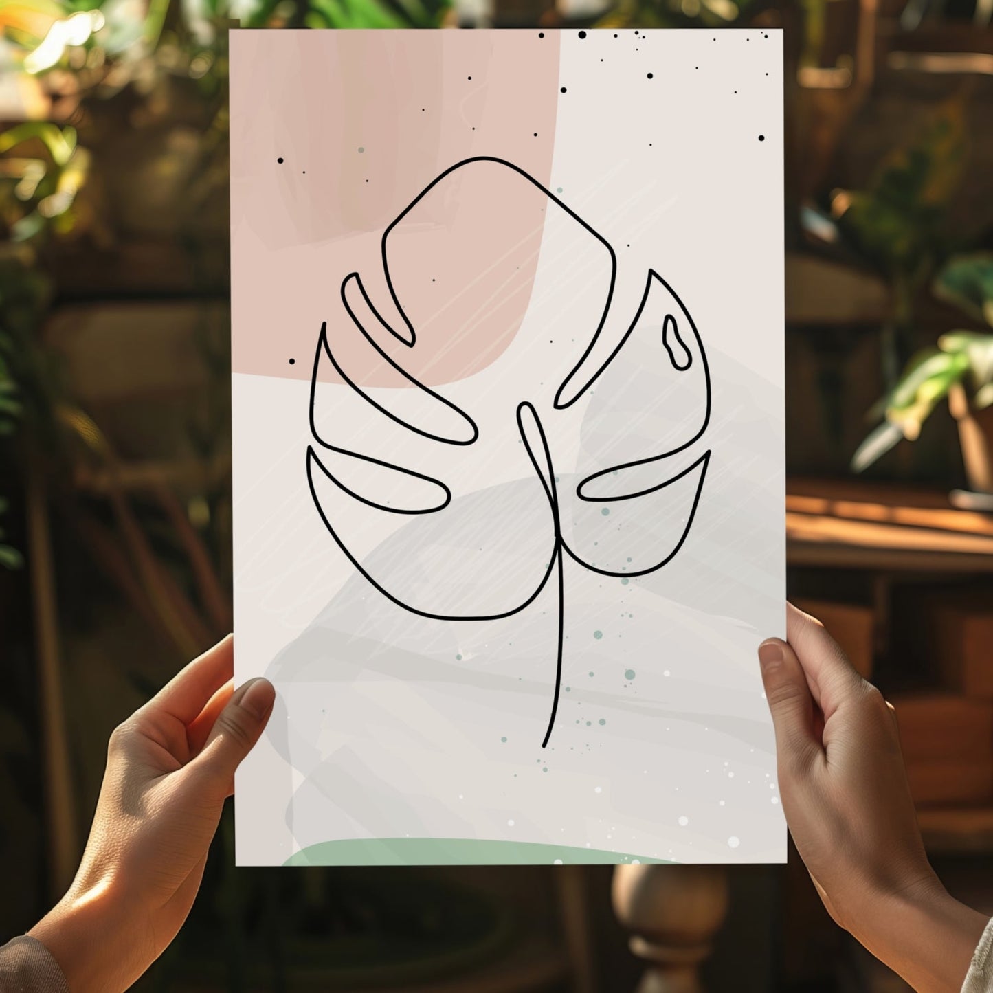 Blush Pastel Monstera Leaf Line Art Aluminum Print