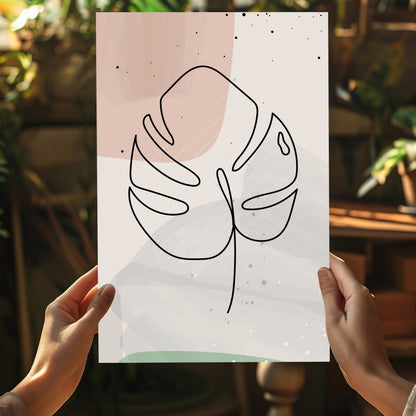 Blush Pastel Monstera Leaf Line Art Aluminum Print