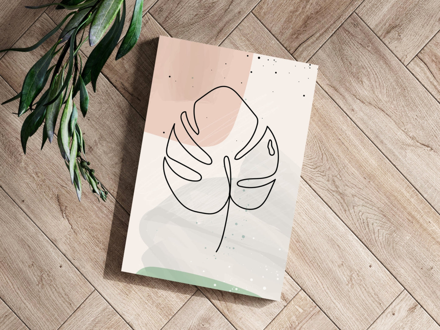 Blush Pastel Monstera Leaf Line Art Aluminum Print
