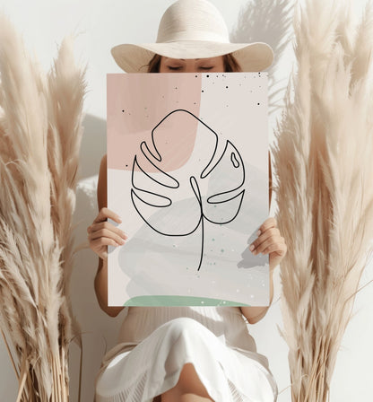 Blush Pastel Monstera Leaf Line Art Aluminum Print