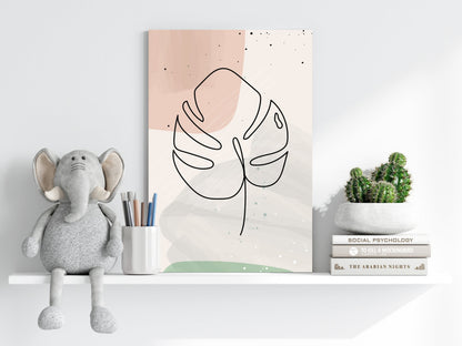 Blush Pastel Monstera Leaf Line Art Aluminum Print