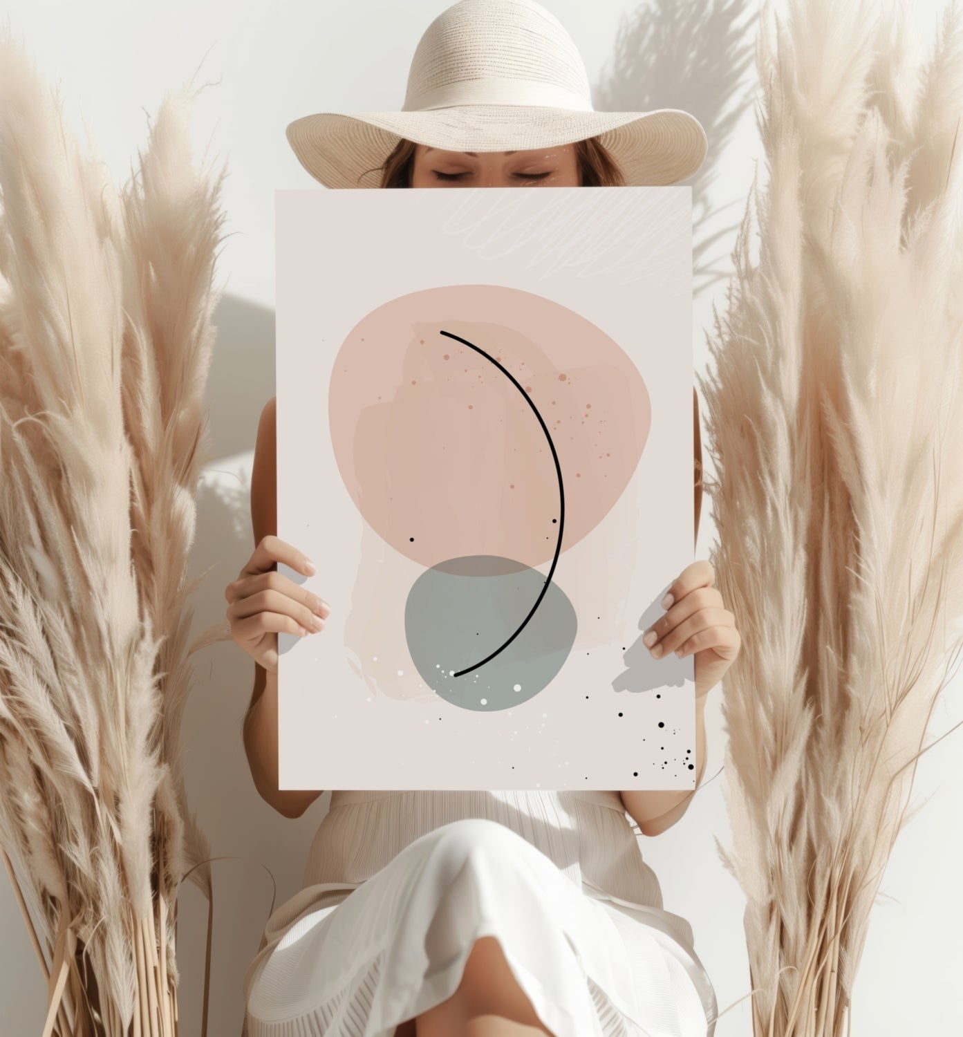 Blush And Sage Pebbles Black Arc Line Aluminum Print