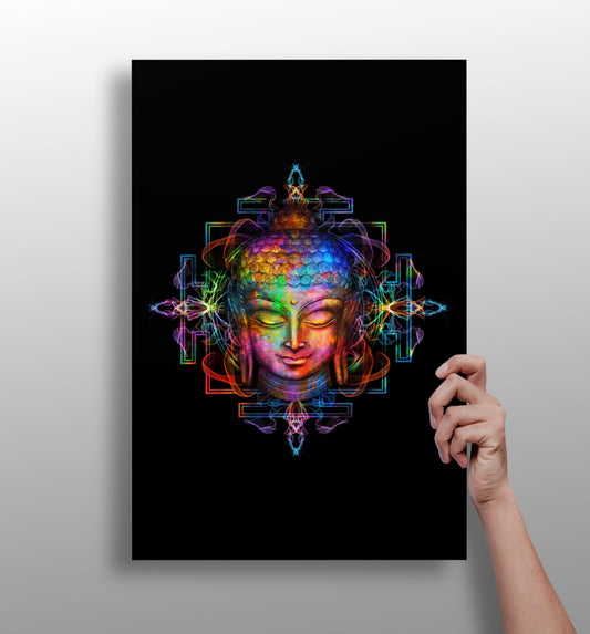Neon Rainbow Mandala Buddha Head Aluminum Print