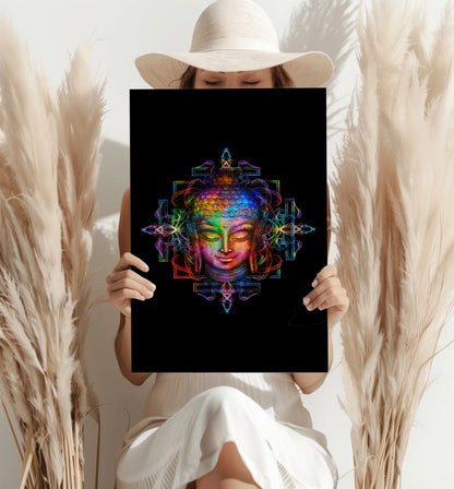 Neon Rainbow Mandala Buddha Head Aluminum Print