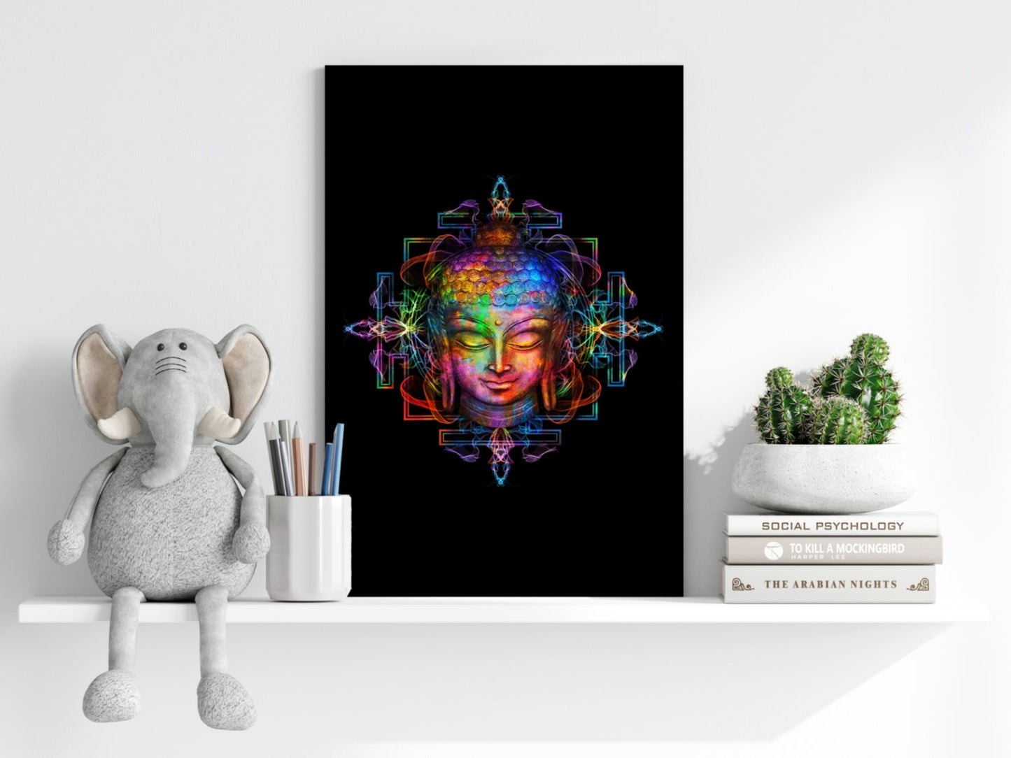 Neon Rainbow Mandala Buddha Head Aluminum Print