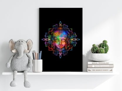 Neon Rainbow Mandala Buddha Head Aluminum Print