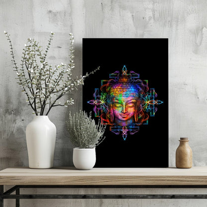 Neon Rainbow Mandala Buddha Head Aluminum Print