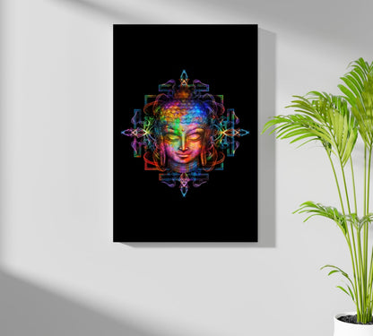 Neon Rainbow Mandala Buddha Head Aluminum Print