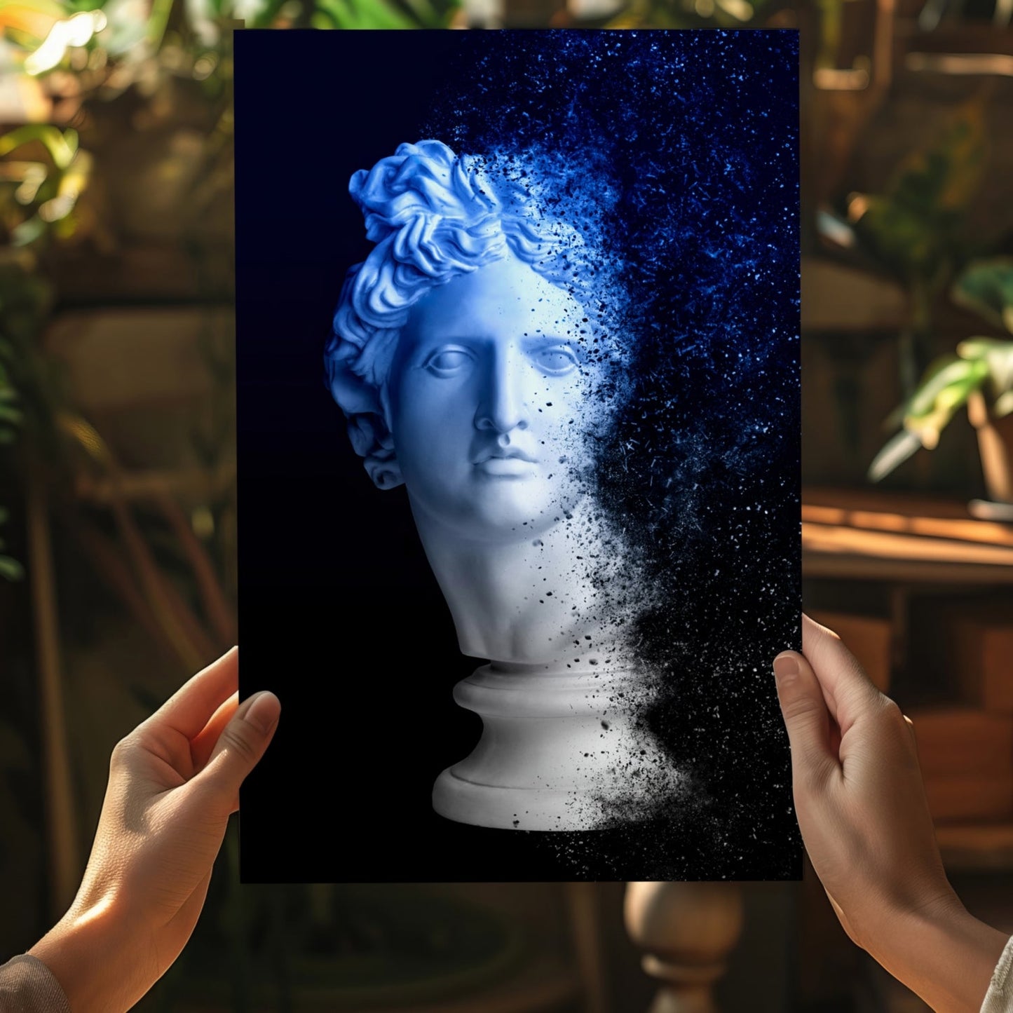 Blue Statue Head Dissolving Aluminum Print