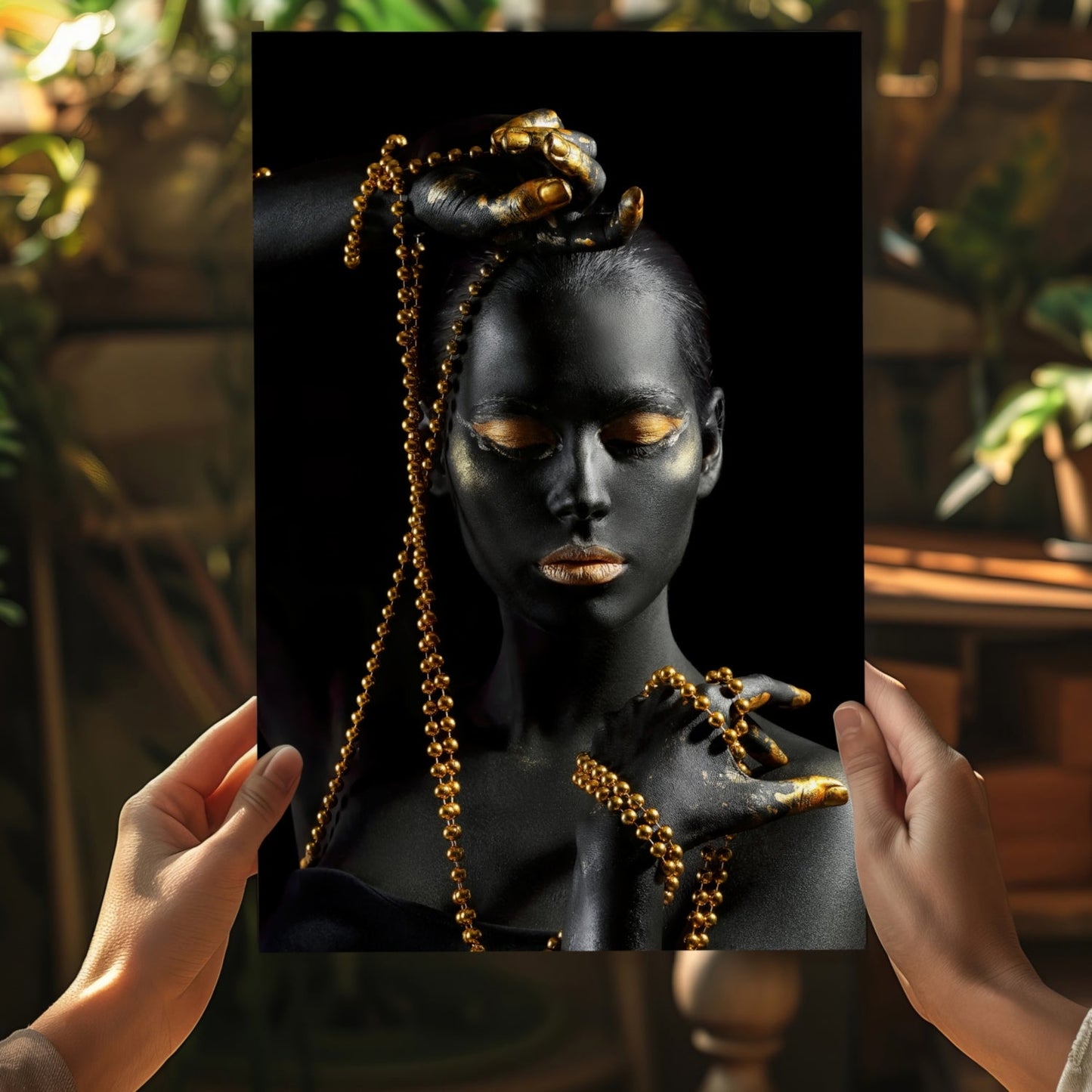 Gold Bead Strands Woman Aluminum Print