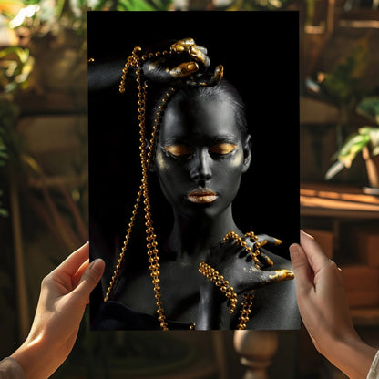 Gold Bead Strands Woman Aluminum Print