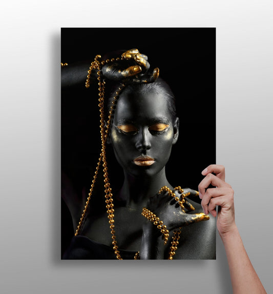 Gold Bead Strands Woman Aluminum Print