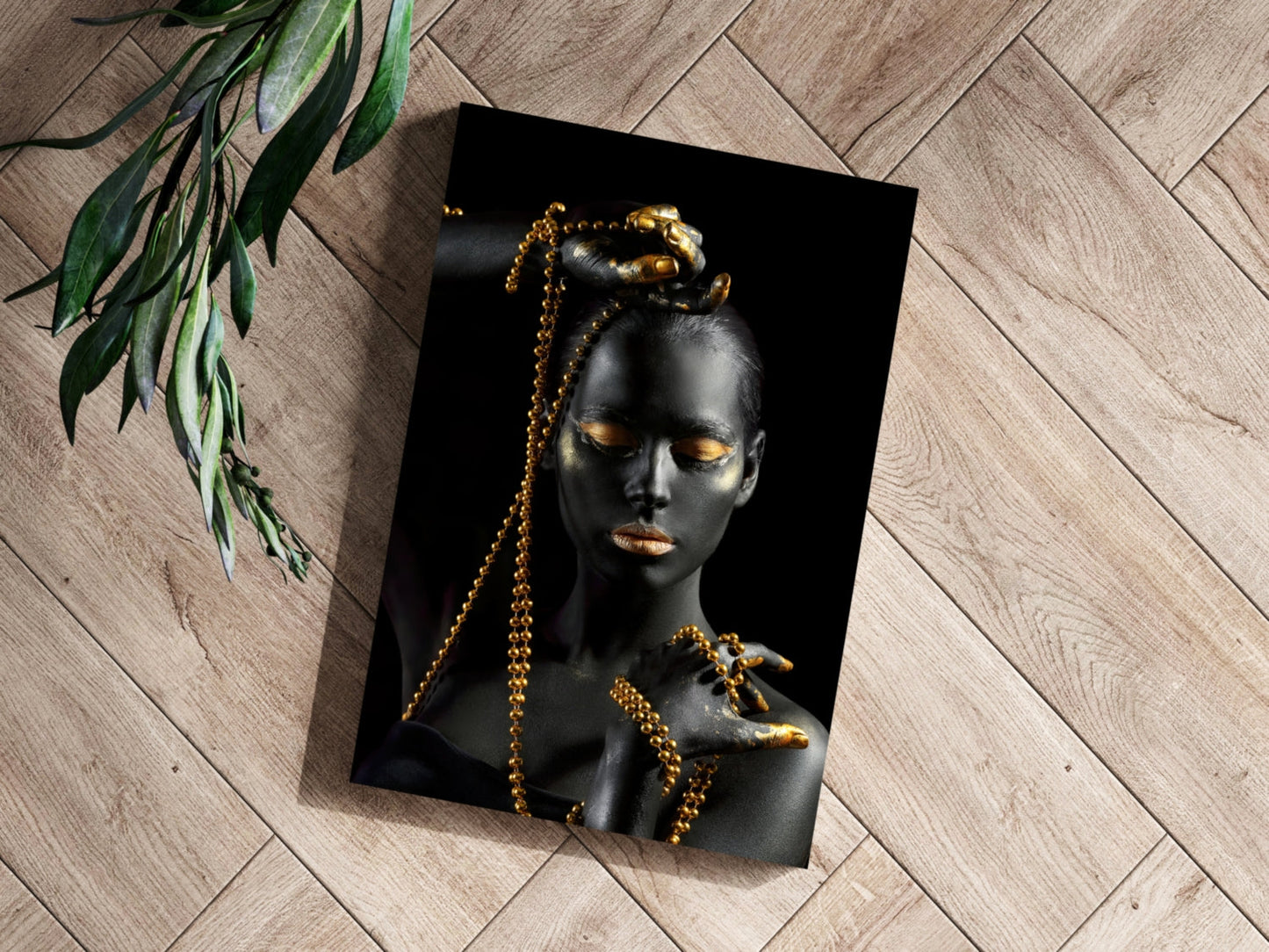 Gold Bead Strands Woman Aluminum Print