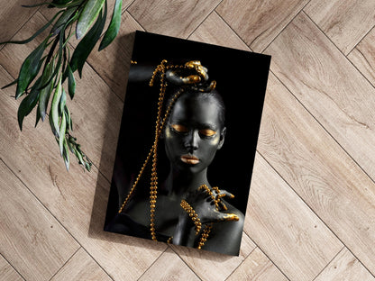 Gold Bead Strands Woman Aluminum Print