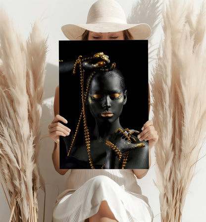 Gold Bead Strands Woman Aluminum Print