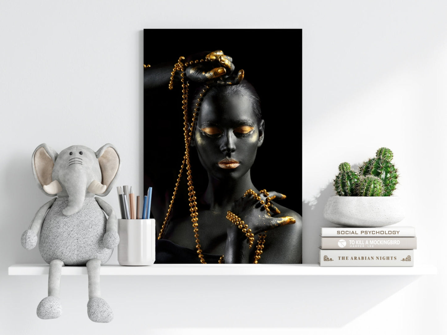 Gold Bead Strands Woman Aluminum Print