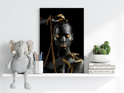 Gold Bead Strands Woman Aluminum Print