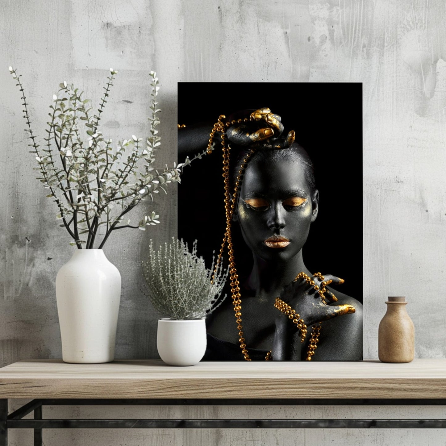 Gold Bead Strands Woman Aluminum Print