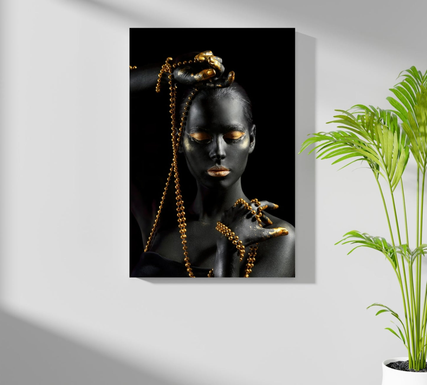 Gold Bead Strands Woman Aluminum Print