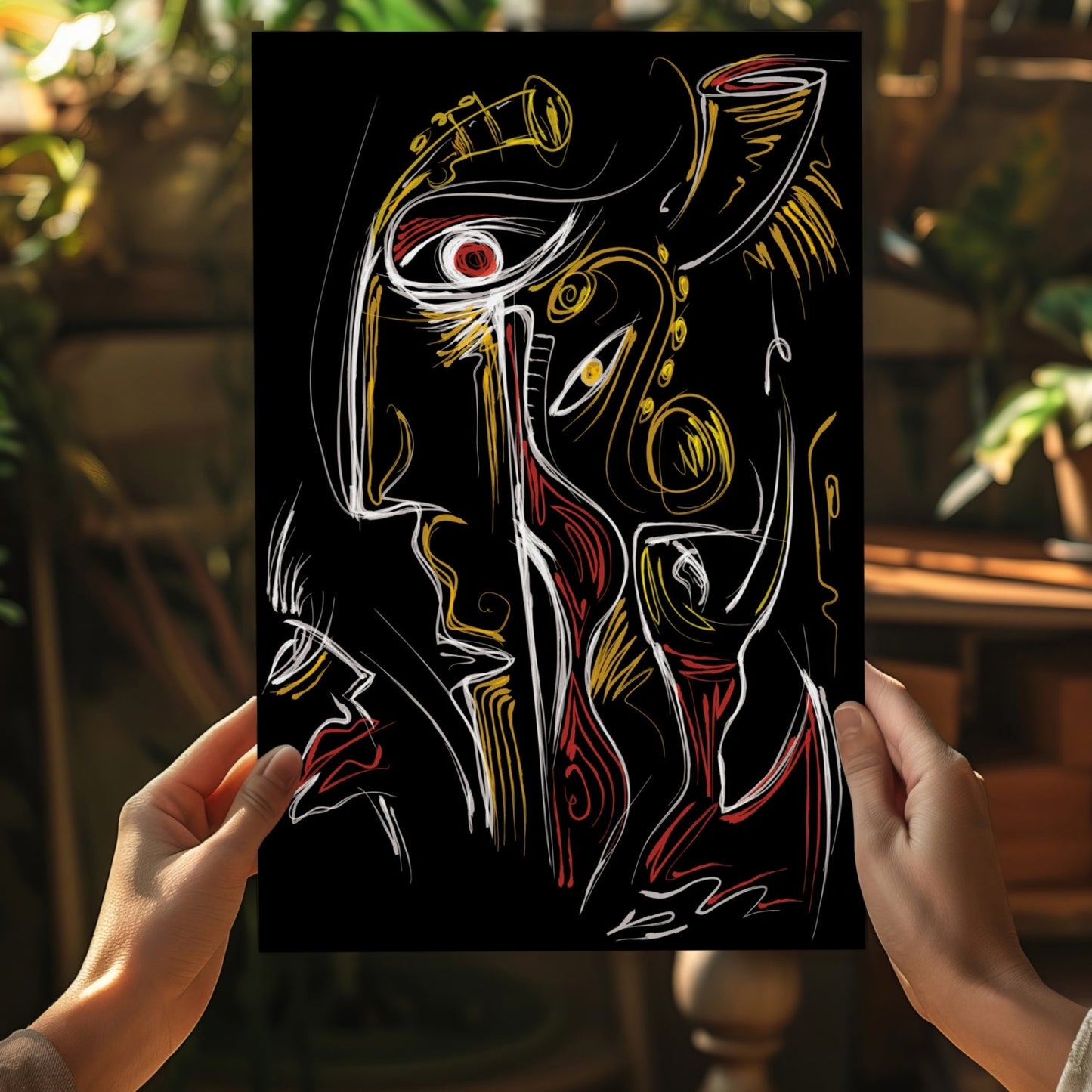 Gold Red Line Sketch Faces Black Aluminum Print