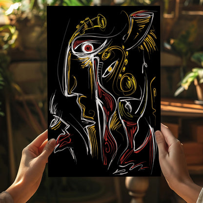 Gold Red Line Sketch Faces Black Aluminum Print