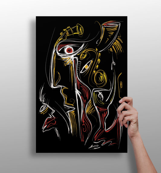 Gold Red Line Sketch Faces Black Aluminum Print
