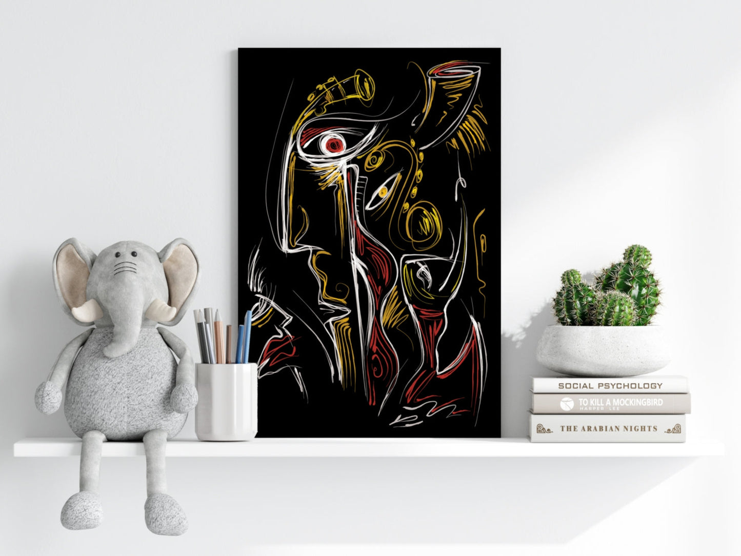 Gold Red Line Sketch Faces Black Aluminum Print