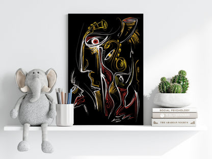 Gold Red Line Sketch Faces Black Aluminum Print