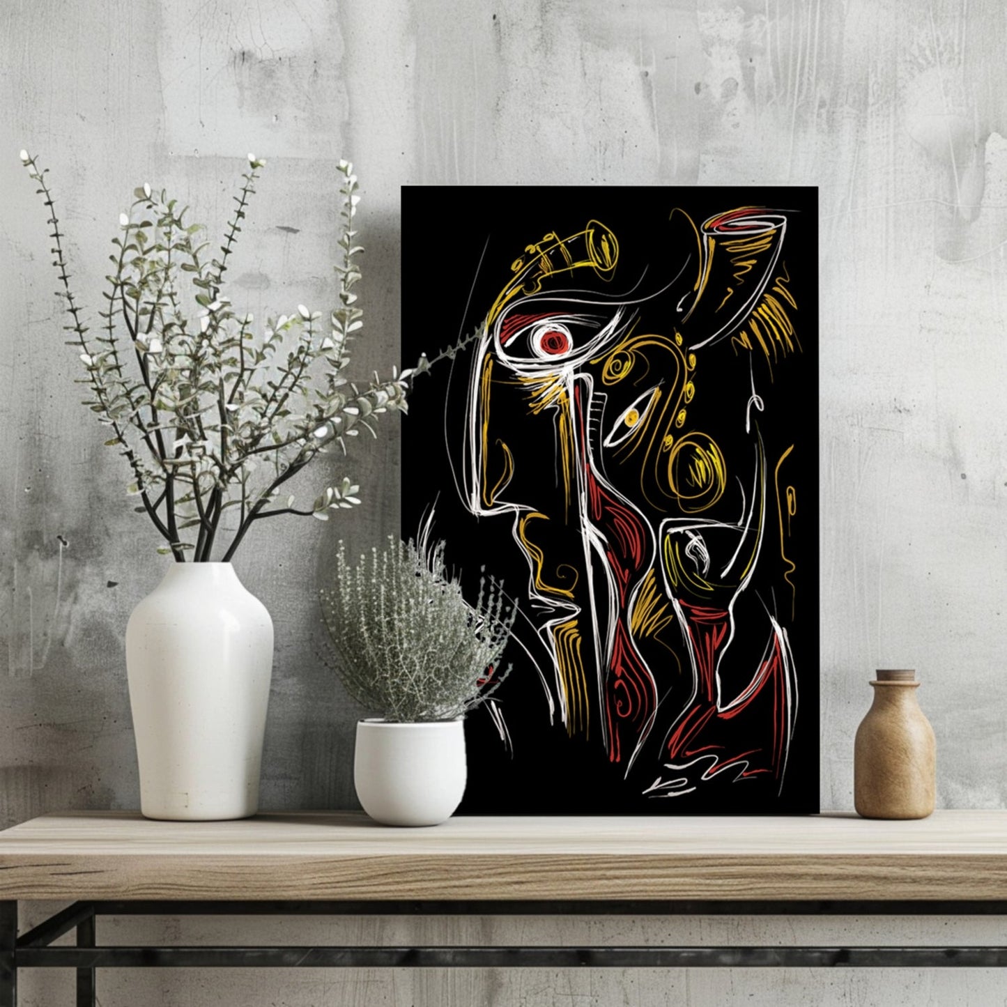 Gold Red Line Sketch Faces Black Aluminum Print