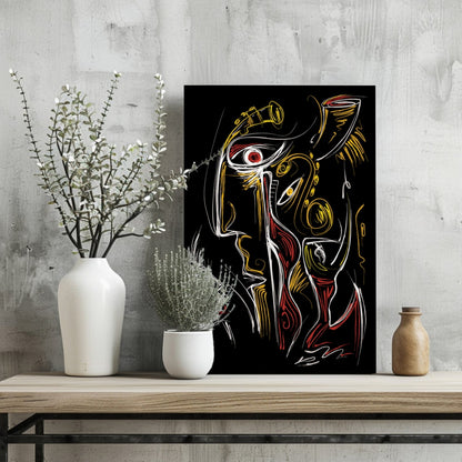 Gold Red Line Sketch Faces Black Aluminum Print