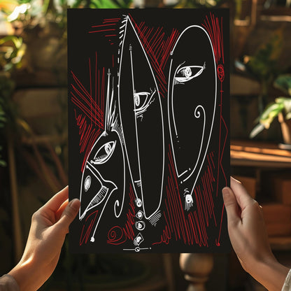 White Red Outline Mask Faces Aluminum Print