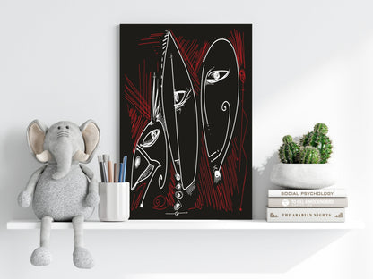 White Red Outline Mask Faces Aluminum Print